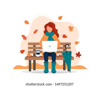 Woman with laptop sitting on bench in autumn. Vector illustration in flat style