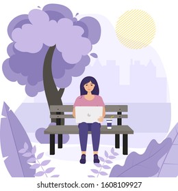 Woman with laptop sitting on the bench in the park. Concept illustration for freelance, working, studying, education, work from home, healthy lifestyle. Vector illustration in flat style