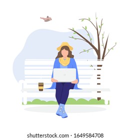 Woman with laptop sitting on the bench in nature and leaves. Concept illustration for freelance, working, studying, education, work from home, healthy lifestyle. Vector illustration in flat style