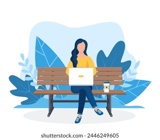 Woman with laptop sitting on the bench in nature with crossed legs. Freelance or studying concept. web page design template for online education, training. Vector illustration in flat style