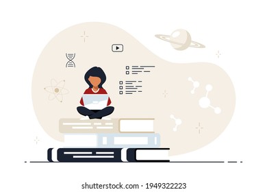 Woman with laptop sitting on book stack