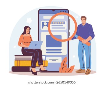 Woman with laptop sitting on books and man holding magnifying glass near smartphone screen with resume and stars, on white background. Concept of job search. Vector illustration