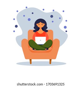 Woman with laptop sitting on the chair. Concept illustration for freelancing, studying, online education,online shopping, working from home. Vector illustration in flat cartoon style.