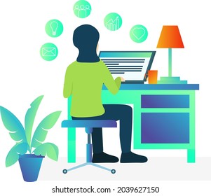 Woman with laptop sitting on chair. Freelance or learn concepts. Elegant illustration in flat style. good for social media promotion material