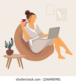 Mujer con portátil sentada en la silla en casa en traje de vestir y con vidrio de ilustración plana vectorial de vino.Mujer joven relajándose con portátil en moderno apartamento.Concepto independiente o de estudio