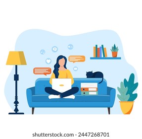 Mujer con portátil sentado en la silla. Oficina en casa. Trabajar en casa. Mucho trabajo. Freelance o concepto de estudio. Quédate en casa. Ilustración vectorial en estilo plano