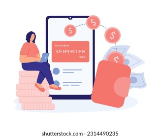 Woman with laptop sitting on coins and transfers money through web app. Online banking and currency exchange concept. Online payment confirmation. Vector flat illustration in blue and pink colors