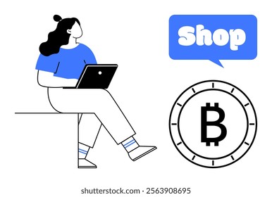Woman with laptop sitting on edge alongside a speech bubble with word Shop and a Bitcoin coin. Ideal for themes of online shopping cryptocurrency digital transactions technology and modern business