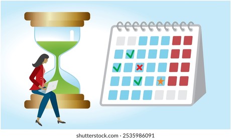 Mulher com laptop sentado em vidro de hora com calendário ao lado. Dimension 16:9 Ilustração vetorial.