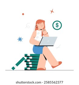 Woman With Laptop Sitting On Money Stack In Flat Vector Illustration Symbolizing Online Earnings, Remote Work, And Financial Freedom, Isolated On White Background