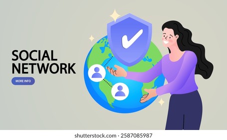 Woman with laptop sitting on planet. international work concept. Illustration for freelancing, remote work. Freelance work page template. global network, world communication. flat vector illustration.