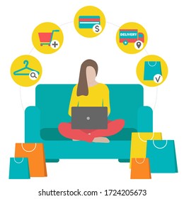 
Woman with laptop sitting on sofa surrounded by paper bags. Stay at home and buy things online. Online shopping concept. The way of online shopping. Flat illustration in flat style.