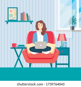 Woman with a laptop and sitting on a sofa. Work at home. Freelance or learning concept. Illustration of the interior of the room in a flat style: armchair, bedside table, bookshelf with books.