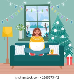 Woman with laptop sitting on sofa at decorated home to Christmas holiday. Cute vector illustration in flat style