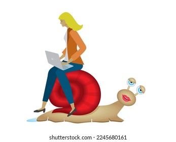 Woman with laptop sitting, riding on snail. Isolated on white. Vector illustration.