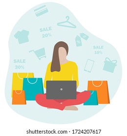 
Woman with laptop sitting surrounded by paper bags and icons that mean shopping. Stay at home and buy things online. Online shopping concept. Flat illustration in flat style.