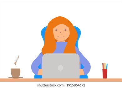 Woman with laptop sitting at table. Freelancer boy concept banner. Flat design. Stock vector illustration on white isolated background.