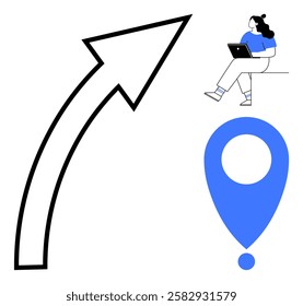 Woman with laptop sitting, upward pointing arrow on left, large blue location marker. Ideal for business growth, navigation, digital nomadism, remote work, goal setting, productivity, achievement