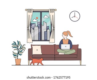 Woman with laptop sitting and working on sofa. Vector illustration
