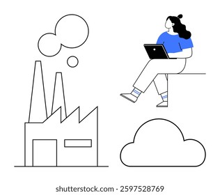 Woman with laptop sitting and working remotely. Factory building emitting smoke. Cloud icon for data storage. Ideal for remote work, industrial innovation, cloud computing, environmental awareness