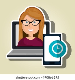 woman laptop smartphone social