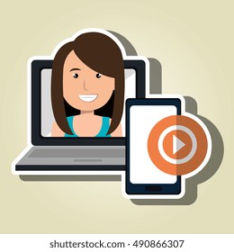 woman laptop smartphone social