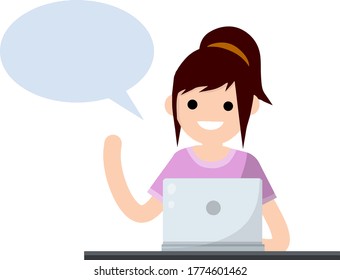 Woman with laptop. Smiling happy girl talking. Study and education. Bubble dialogue and advice.