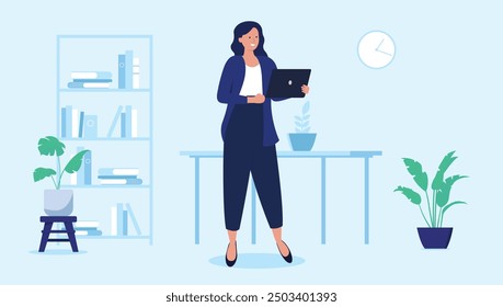 Woman with laptop smiling - Professional businesswoman executive standing in office at work holding PC computer in hands and enjoying time of work and business. Flat design vector illustration