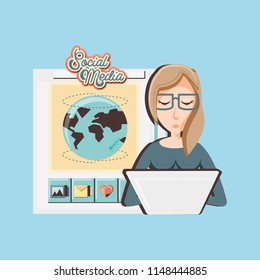 woman with laptop social media icons