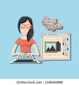 woman with laptop social media icons