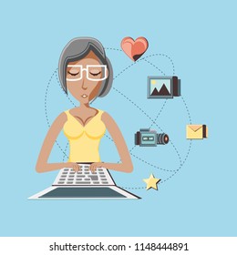 woman with laptop social media icons