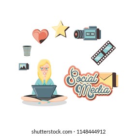 woman with laptop social media icons