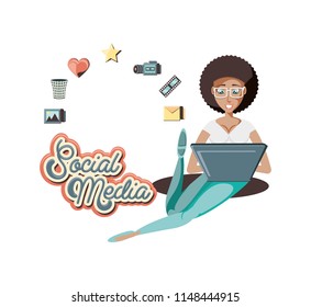 woman with laptop social media icons