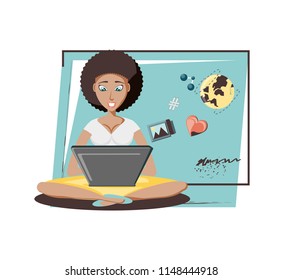 woman with laptop social media icons