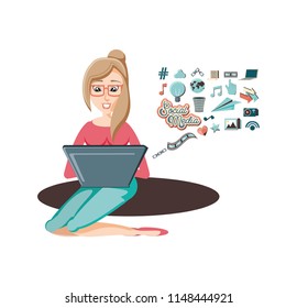 woman with laptop social media icons