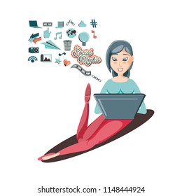 woman with laptop social media icons