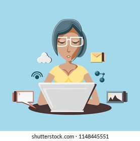 woman with laptop social media icons