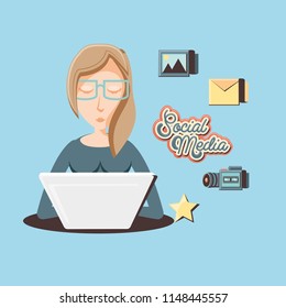 woman with laptop social media icons