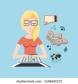 woman with laptop social media icons