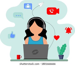 Woman With Laptop Social Media Icons Vector illustration