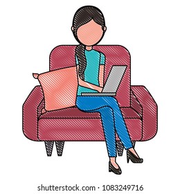 woman with laptop in the sofa character
