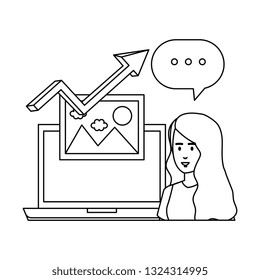 woman with laptop and statistics arrow