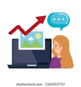 woman with laptop and statistics arrow