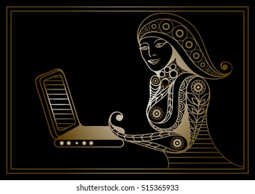 Woman with laptop. Suitable for invitation, flyer, sticker, poster, banner, card,label, cover, web. Vector illustration.