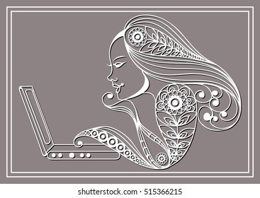 Woman with laptop. Suitable for invitation, flyer, sticker, poster, banner, card,label, cover, web. Vector illustration.