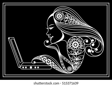 Woman with laptop. Suitable for invitation, flyer, sticker, poster, banner, card,label, cover, web. Vector illustration.