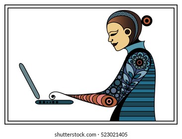 Woman with laptop. Suitable for invitation, flyer, sticker, poster, banner, card,label, cover, web. Vector illustration.