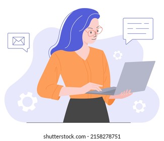 Woman with laptop. Support manager, office worker. Business woman. Vector illustration