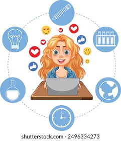 Woman at laptop surrounded by science symbols