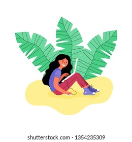 A woman with a laptop surrounded by tropical leaves. Vector illustration.